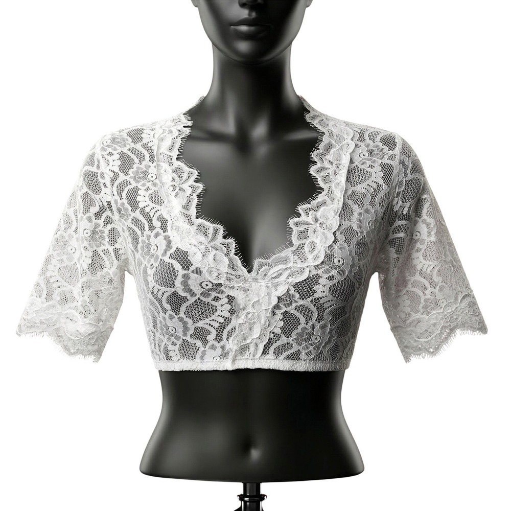 New Small‎ White Lace Dirndl Blouse Undershirt Top Stretchy V Neck Crop